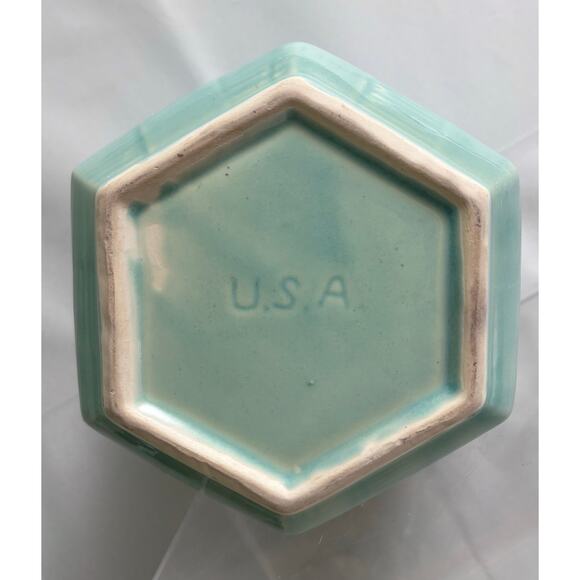 Shawnee USA Late 30s Hexagon Basket Weave Pottery Cookie Jar Aqua Mint Turquoise - Picture 8 of 8